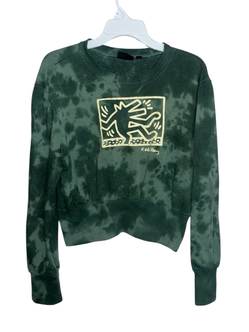 Keith Haring Forest Green Tie-Dye Crewneck Sweatshirt with Yellow Graphic